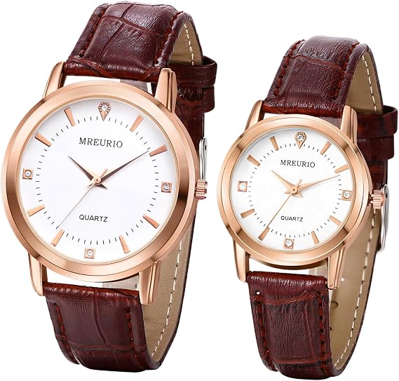 JewelryWe Paar Uhren Analog Quarz Partner Freundschafts Armbanduhr Klassische Einfache Leder Armband Pärchen Uhr für Herren Damen Schwarz/Braun