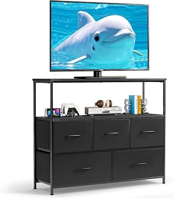 TV Stand, 5 Fabric Drawers Dresser Entertainment Center for TV up to 45 inch Wooden Media Console Table Storage Organizer with Open Shelf, for Living Room, Bedroom, or Small Space, Black