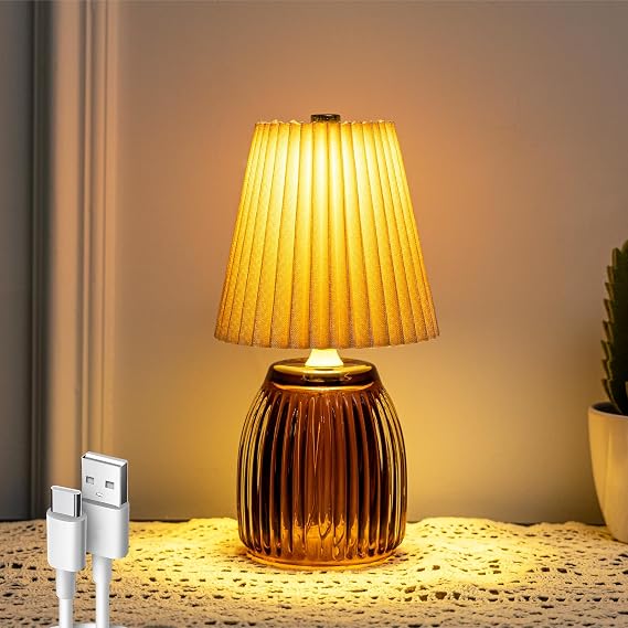 MJ PREMIER Rechargeable Cordless Table Lamp, Small Battery Powered LED Lamp with Timer, Pleated Fabric Glass Base Night Light for Bedroom Living Room Beside, Kitchen Beige