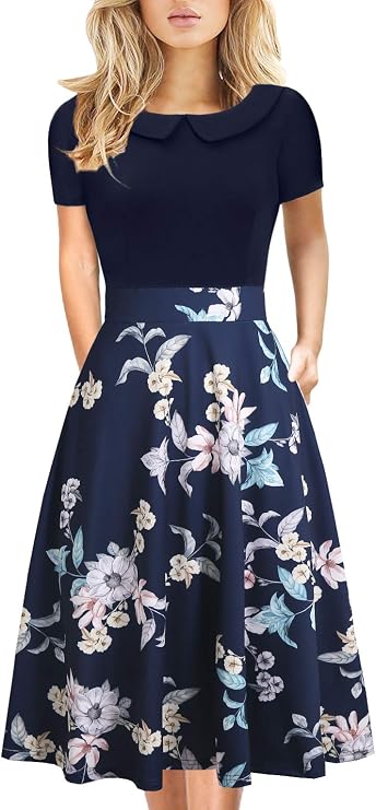 Women's Elegant Vintage Dresses Knee Length Casual Floral Print Work Party Peter Pan Collar A-Line Dress with Pockets 978