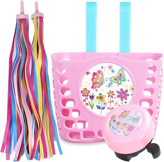 Kid's Bike Basket Accessories Set, MINI-FACTORY Cute Pattern Bicycle Front Handlebar Basket Bell, Streamer for Kid Bike