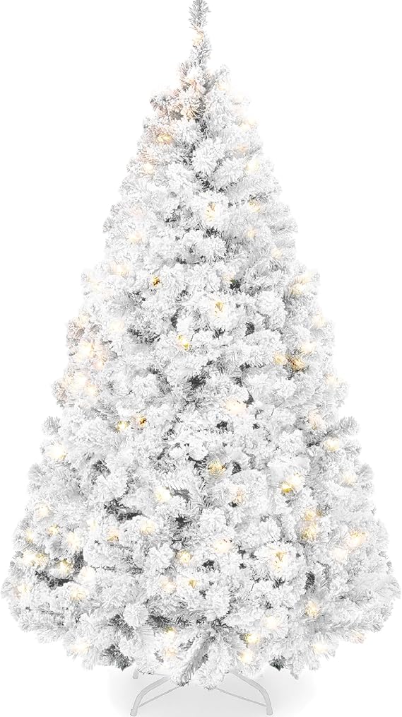 Best Choice Products Pre-Lit White Christmas Tree, 7.5ft Artificial Snow Flocked Full Fir Tree, Holiday Decoration w/ 550 Lights, 1,346 Branch Tips