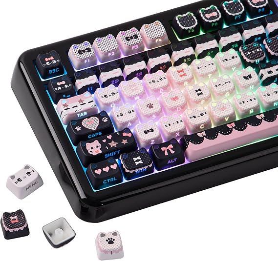 KiiBOOM Cute Cat Keycaps Set, Mao Profile, Cat Shape | PC+ABS Keycap for MX Switch Mechanical Keyboard, Compatible with 60%, 65%, 75%, TKL, 96%, Full-Sized Layout (Meow Bow)