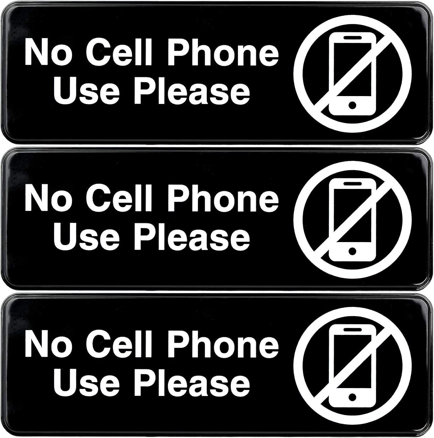 Excello Global Products No Cell Phone Use, Please Sign: for Business Office Workplace Signage Gas Stations: Easy to Mount Informative Plastic Sign with Symbols 9x3, Pack of 3 Black