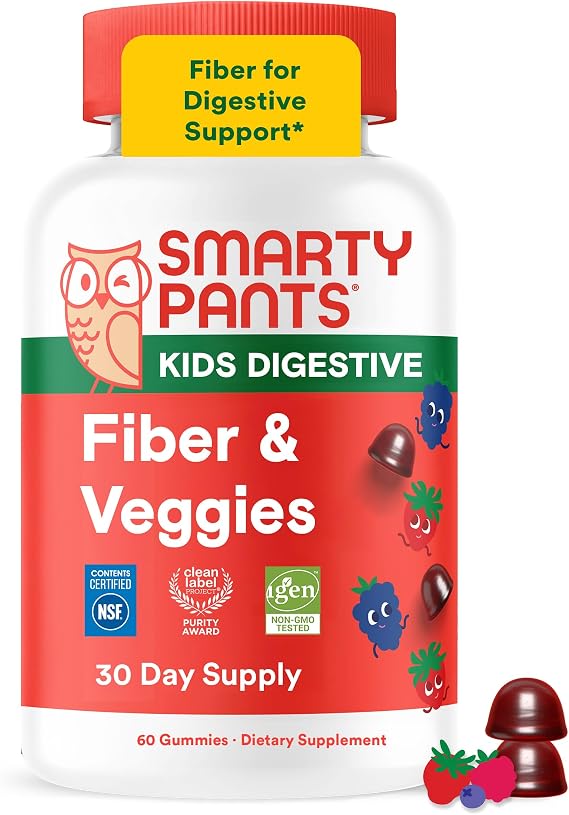 SmartyPants Kids Fiber & Veggies: Prebiotic Fiber Gummies for Kids, Fiber Supplement with Inulin, Organic Green Veggie Blend, Vegan, Gluten Free, Mixed Berry Flavor, 60 Count (30 Day Supply)