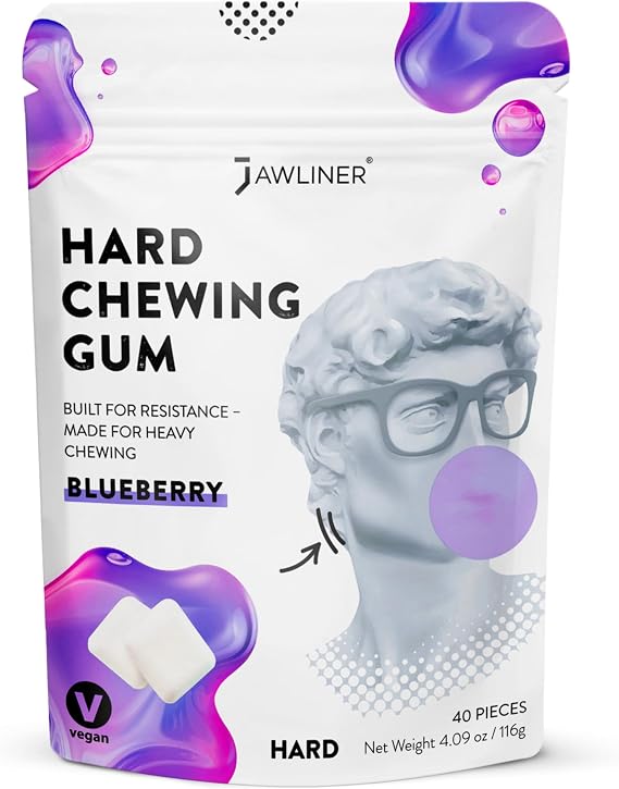 Jawliner® Jawline Chewing Gum Hard Chewing Resistance Workout Gum for Jawline Sculpting Hard Chewing Gum for Jaw Strength Facial Fitness Jaw Trainer Mewing for Men & Women Blueberry 40 Pieces