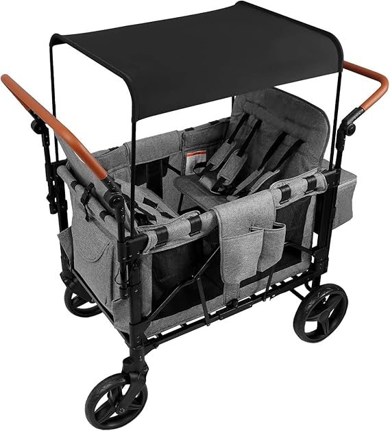 Foldable Double Push Bar Stroller Wagon Featuring 4 High Seat for 4 Kids,Kids Wagon Stroller,5-Point Harness & Storage Organizer,for Outdoor Trips,for 0-6 Years Grey