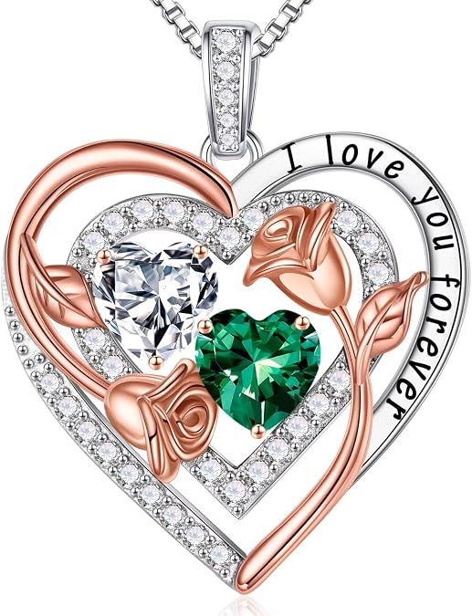 Iefil Heart Birthstone Necklace for Women - Double Birthstone Jewelry | 925 Sterling Silver, Gift Box Packaging, Anniversary Birthday Gifts for Women Wife Mom