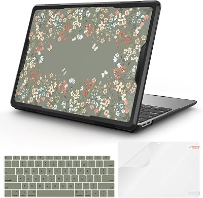 iLeadon Compatible with MacBook Case 13 inch, 2021-2018 Release A2337 A2179 A1932 M1, MacBook Air 13 inch Case 2020, Heavy Duty Protective Mac Cover 13.3 Inch with TPU Bumper Green Floral