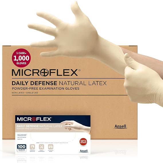 Ansell MICROFLEX Daily Defense 10-754 Disposable Latex Gloves XL (1000) | Natural, Size 10 (XL), unisex latex exam gloves with powder-free comfort & beaded cuff, 1000/Case