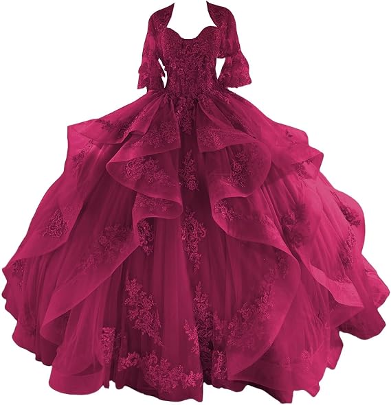 Mouccy Lace Quinceanera Dresses with Shawl Tulle Sweet 16 Ball Gown Puffy