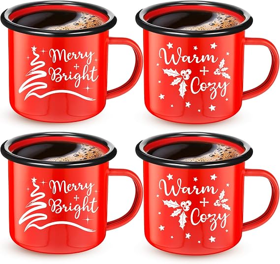 Yaomiao 4 Pack Christmas Enamel Mugs 12 Oz,Red,Bright Style | Vintage Camping Cups with Festive Prints, Metal Tea Mugs for Holiday Gatherings, Seasonal Gifts for Women and Coworkers