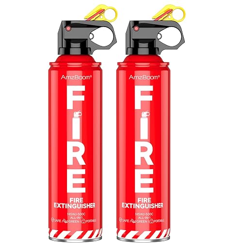 AmzBoom 2-Pack Fire Extinguisher for Home, Kitchen, Car, and Grill with Mounting Bracket Extinguishing Spray, Compact A, B, C, K Eco-Friendly, Prevents Reignition.