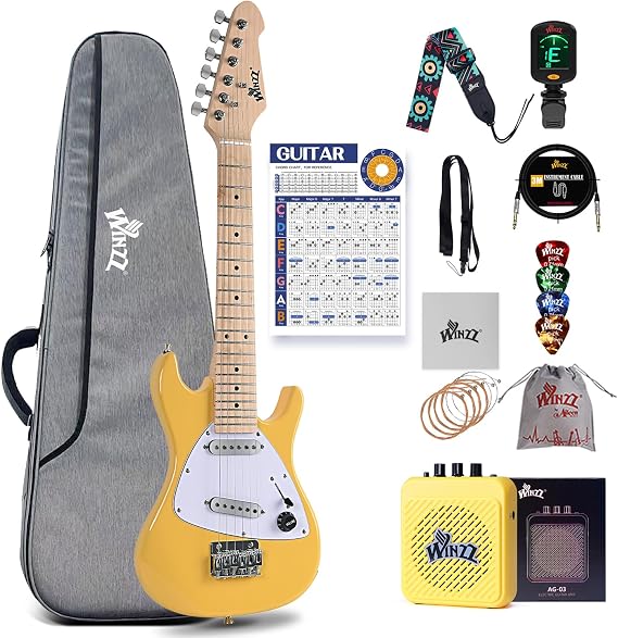 Winzz 30 Inch Kids Electric Guitar Beginner Kit, Junior 1/4 Size Mini Electric Guitar for Children Complete Stater Set with Amp, Gloosy Yellow Colour