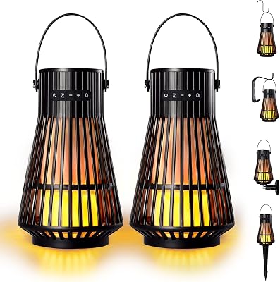 NUNET Outdoor Stereo System Bluetooh Lantern Speakers, Sync Multiple Wireless Speakers, 10W Surround Sound IPX5 Waterproof, Rechargeable LED Flame Effect Tiki Torch Decor for PatioYard-2 Pack