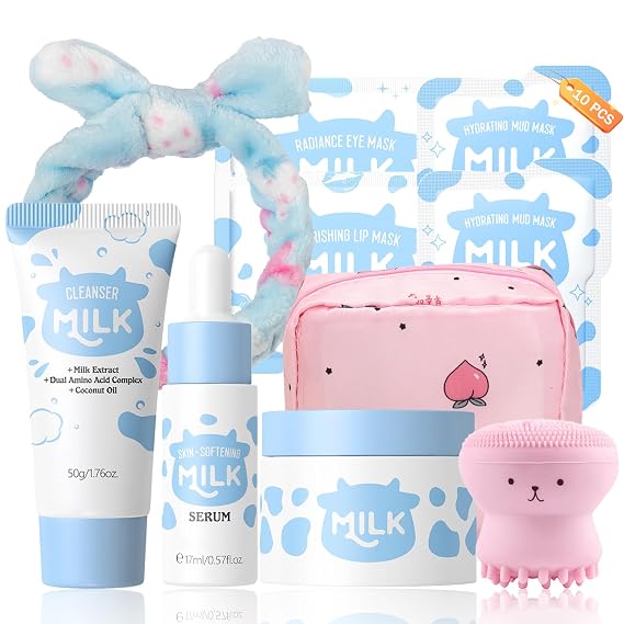 Milk Skincare for Kids, 10 PCS Teen Skin Care Kit with Cleanser, Serum, Cream, Masks, Skin Care for Teens 10-12, Hydrating Travel Skincare Sets, Christmas Gifts for Teenage Girls & Tweens