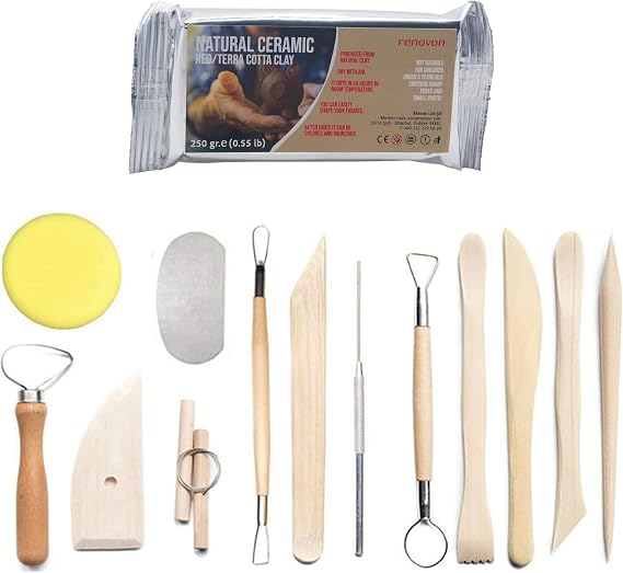 Hava ile Kuruyan Doğal Seramik Kil + Ebeşuar (Şekillendirme) Seti | Pişmeyen Heykel Hobi Çömlek 13 Parçalı Seramik Aleti Seti Çocuk Yetişkin El Sanatı Model yapımı 250 gr natural TerraCotta kil ile