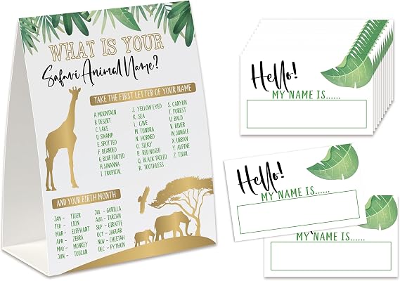 Safari Animal Birthday Party Game, Whats Your Safari Animal Name Game(One Sign+30 Name Tag Stickers),Wild One Party Game, Safari Baby Shower Game, Jungle Birthday Decor-MZC03