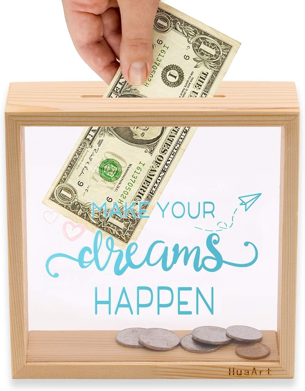 Piggy Bank for Kids,Bigger Wooden Safe Money Savings Bank Box for Kids, Coin Bank Money Bank,Natural Wood Money Box, Printed on The Plexiglass Front-Make Your Dreams Happen, Sized (8x8x2.4 Inch)