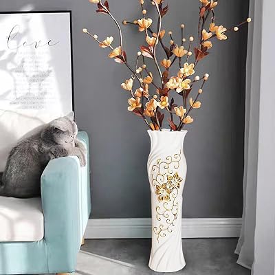 White Gold Tall Ceramic Floor Vase, 24 Gold-Trimmed Oversized Vase, Simple White Flower Arrangement Decor for Living Room Modern Home Decor Housewarming Gift for Entrance Hall Bedroom Office Hotel