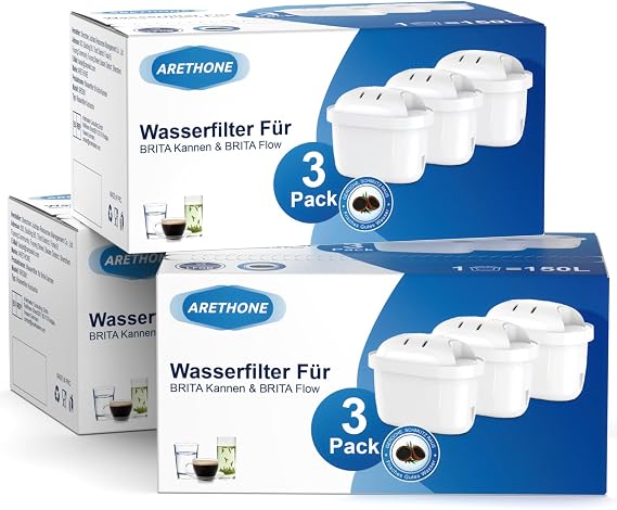 ARETHONE Water Filter for Brita Filter: Maxtra+ and Maxtra Pro Filter Cartridges Compatible with Brita Glass Marella Style Aluna Jug Limescale Reduction Device Protection (Pack of 9)