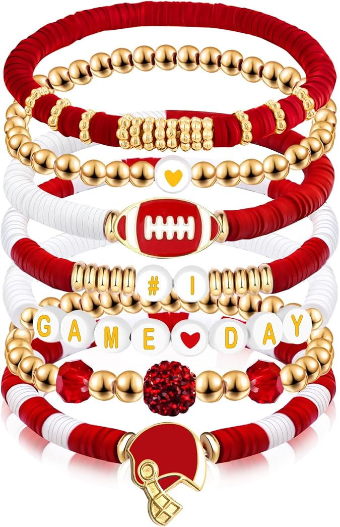 Game Day Bracelet Football Charm Beaded Stretch Bracelet Sports Jewelry for Football Mom Dad Coach Fans Gifts