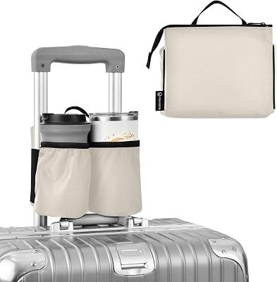 DOMIKING Beige Travel Luggage Cup Holder for Suitcase Free Hands Drink Carrier with Storage Pocket for Coffee Mugs Bottle