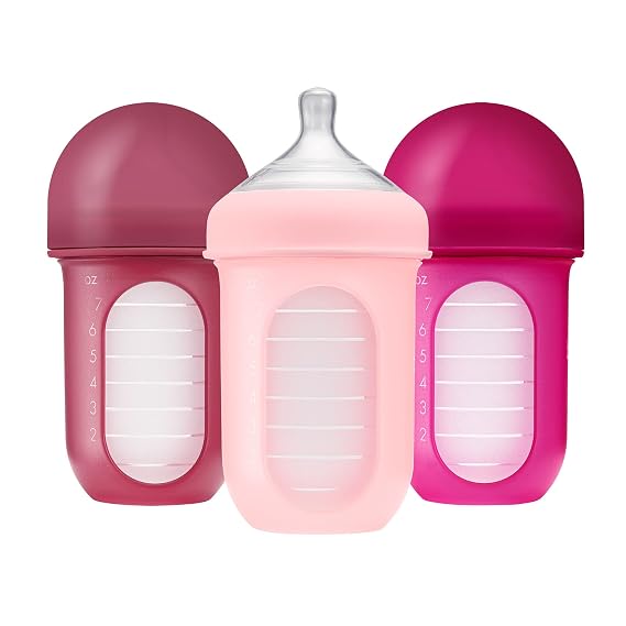 Boon Nursh Silicone Baby Bottles - Pink - 8 Oz - 3 Count | 100% Food-Safe Silicone, Made Without BPA Or PVC, Medium Flow, Air-Free Feeding, Helps Reduce Colic Symptoms, Dishwasher Safe