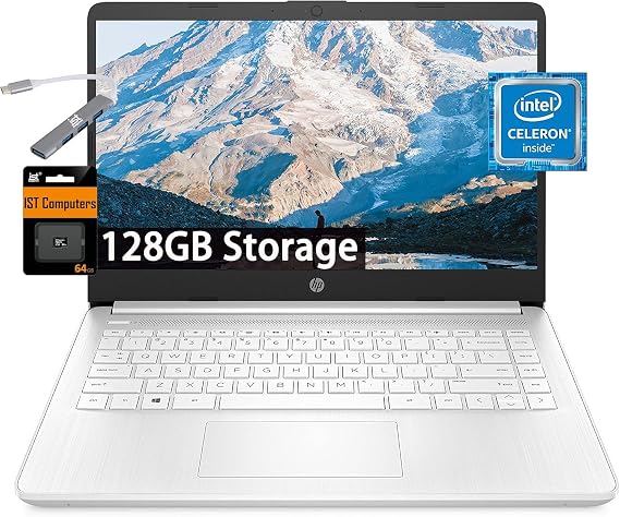 HP 14" Ultra Light Laptop for Student & Home (Intel Quad-Core N4120, 4GB RAM, 128GB (64GB + 64GB SD), 1-Year Office 365) 11-Hr Long Battery