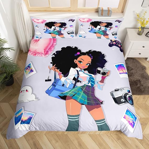 Erosebridal Black Girl Bedding Set African American Duvet Cover for Girls Kids Teens Princess Black Girl Queen Comforter Cover,Kawaii Girls Magic Bed Set for Room Decor,Purple Pink