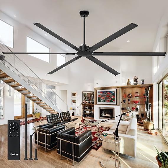 Amico 100 Inch Ceiling Fans with Remote, Black Large Ceiling Fan, No Light | Reversible, 6 Blades, Noiseless, Indoor/Outdoor Industrial Ceiling Fan No Light for Patio, Porch, Garage, Shop