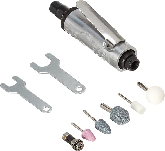 Compact Air Die Grinder Kit (with 1/8'' collet, 1/4'' collet, three aluminum oxide mounted grinding stones and two wrenches)