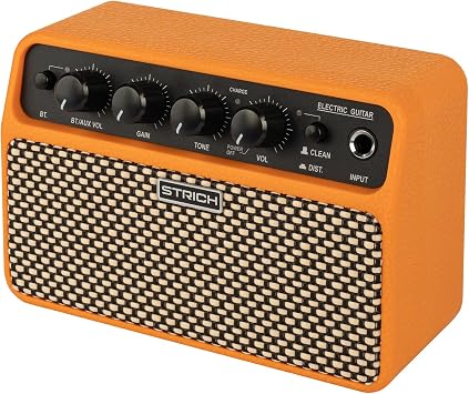 STRICH DSP Mini Electric Guitar Practice Amplifier, 2 x 5W Dual Speakers Wireless Portable Desktop Amp with Clean/Distortion Modes, 3.5mm Headphone Jack for Beginner, Teen, Gift, Orange