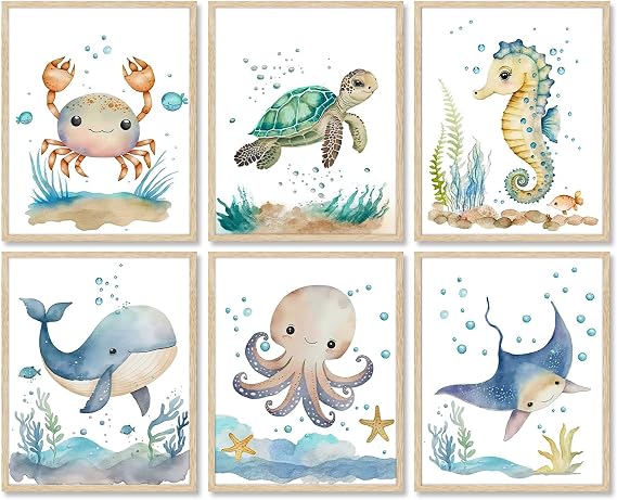 Dazzlewall 6Pcs Ocean Themed Nursery Wall Decor Watercolor Sea Animal Canvas Wall Art for Kids Boys Girls Nursery Bathroom Bedroom 8x10in Unframed