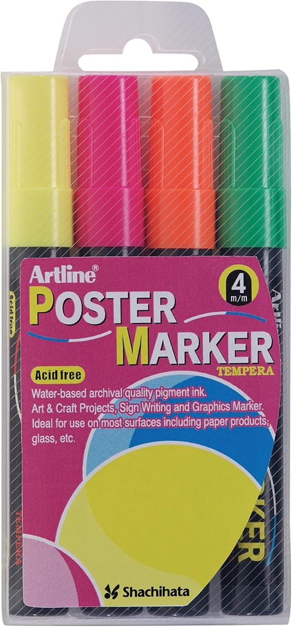 Artline EPP-4 Poster Markers, Vivid Opaque, 2mm, Fluorescent Colors, 4 Pack