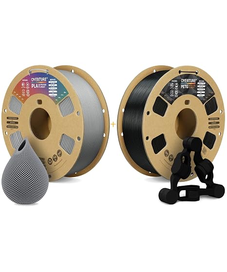 OVERTURE 3D Printer Filament 2kg, PLA Filament and PETG Filament Fit Most FDM 3D Printers, 1kg per Spool, Pack of 2, PLA Light Gray+PETG Black
