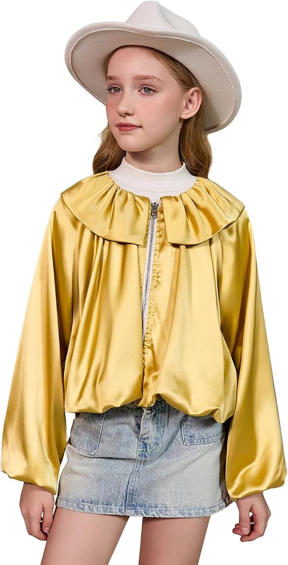 Perfashion Girls Satin Bomber Jacket Zip Up Oversized Cropped Coat