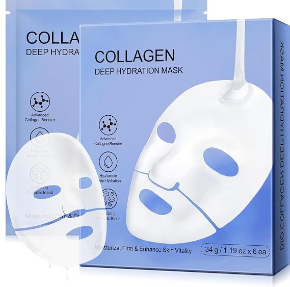 Collagen Face Mask 6P, Collagen Hydrogel Mask, Moisturize, Firm & Enhance Skin Vitality, Pore Minimizing, Elasticity Improvement 6 Packs