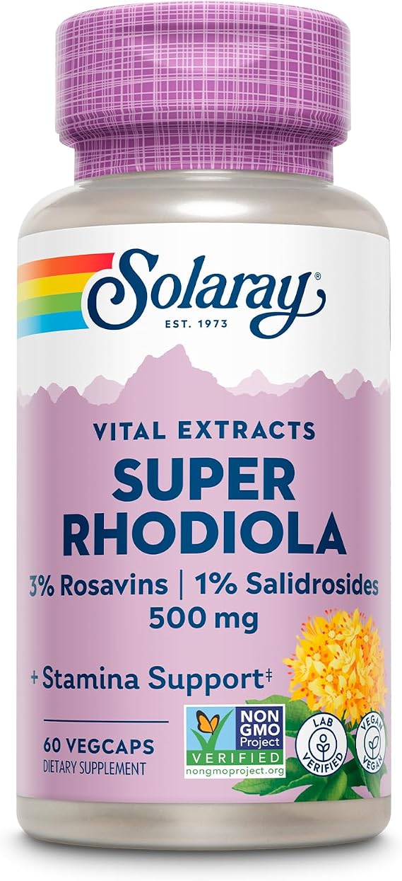 Solaray Super Rhodiola 500mg - Rhodiola Rosea Root Extract Supplement, Adaptogenic Herb Support for Focus, Stress, and Energy, Vegan Pills, Non-GMO - 60 Vegetarian Capsules