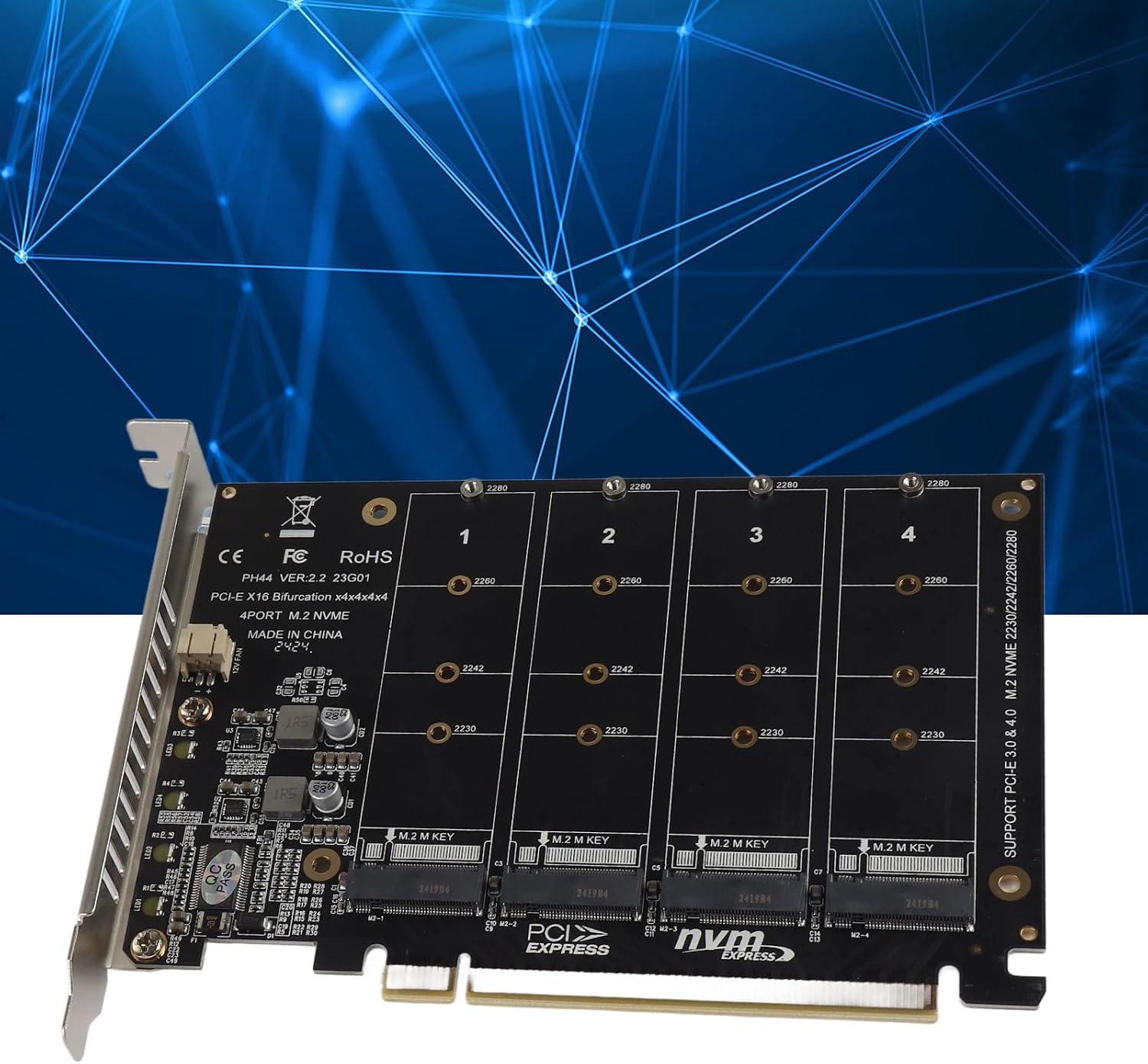 M2 NVMe SSD to PCIE X16 Adapter Card, 4 Port M Key Hard Drive Converter Reader Expansion Card with 4 LED Indicators, Supports PCIE 3 0, 4 0 Protocolph44