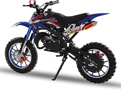50cc 2-Stroke Kids Dirt Bike, Mini Dirt Scooter Pocket Bike, Gas Power Off Road Mini Pocket Motorcycle with Front Rear Disc Brakes, Pocket Gas Motorbike, Racing Max Speed 40kmH Blue Blue