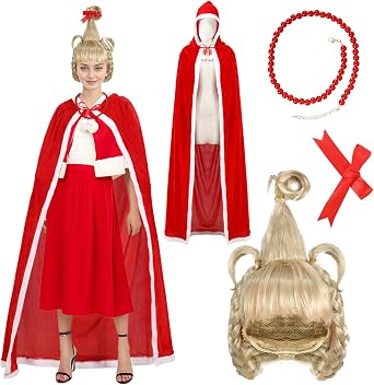 4Pcs Christmas Red Robe Hooded Cloak Wig Necklace Bow Christmas Mrs Santa Claus Velvet Cape Costume Adults Kids