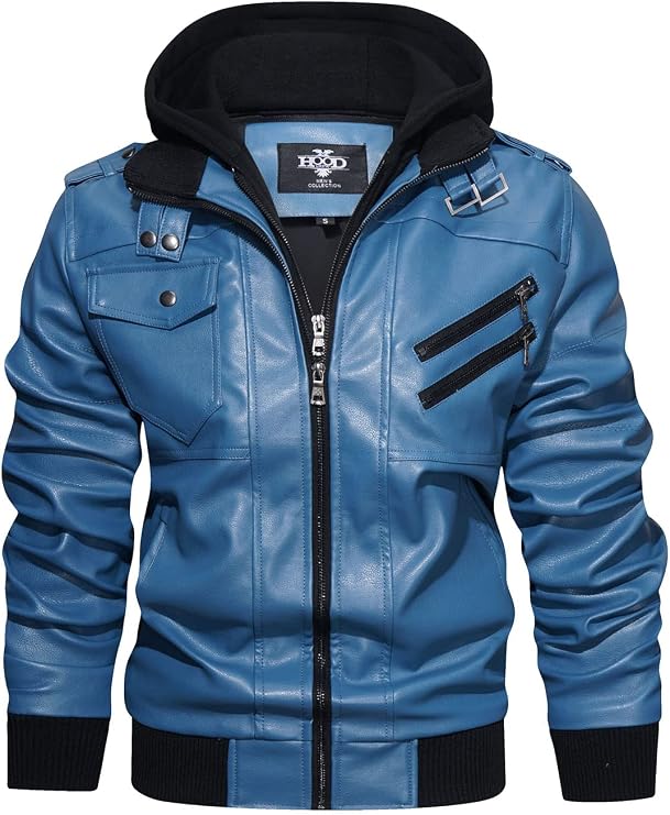 HOOD CREW Mens Casual Stand Collar PU Faux Leather Zip-Up Motorcycle Bomber Jacket With a Removable Hood