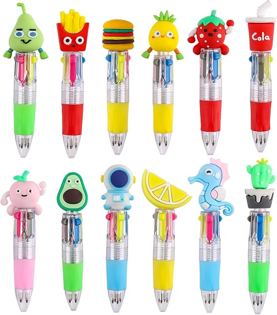 12 PCS Multi-Coloured Pens Set, Mini Retractable Fun Pens for Kids, Novelty Pens for Party Bag Fillers & School Class Gifts.