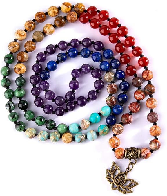 Bivei 7 Chakra 108 Mala Beads Bracelet Real Gemstone Yoga Meditation Hand Knotted Mala Prayer Bead Necklace