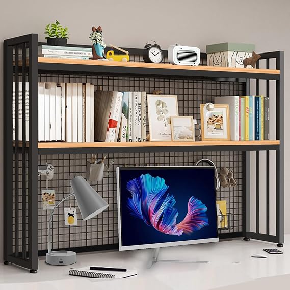 2-Tier Desktop Hutch Bookshelf Metal Desk Shelf,Storage DisplayShelf for Computer Desk, Multifunctional Freestanding Storage Rack for Office, Home Decor, Kitchen (45.2 * 35 * 9.44 in)