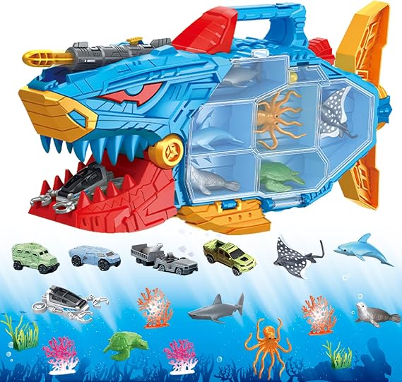 Shark Toys Deep Sea Creatures Ocean Animal Toy for Kids Age 3+ | 18 Piece Sea Creatures & Transport Vehicles, Double-Side Storage, Portable Handle, Educational Bath Toys for Shark Lovers
