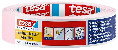 tesa UK 43330001801 Precision Sensitive, Razor Sharp Edge and Low Tack Masking Tape for Indoor Painting and Decorating, Residue Free Removal, 50 m x 25 mm, 25mm, Clear