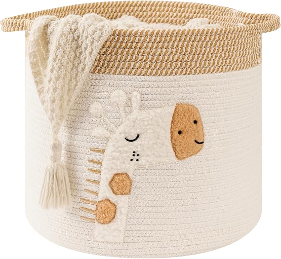 Large Blanket Baskets for Living Room Decor, Toy Storage Baskets Woven Cotton Rope Storage Basket for Kids, Dog Toys Organizer Clothes Hamper with Embroidery Decor for NurseryLaundry (Large, Giraffe)
