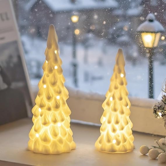 Candeldo White Ceramic Christmas Tree: Modern Christmas Decor Small Table Top Xmas Trees that Light Up for Home Bedroom Neutral Decoration Birthday Gift
